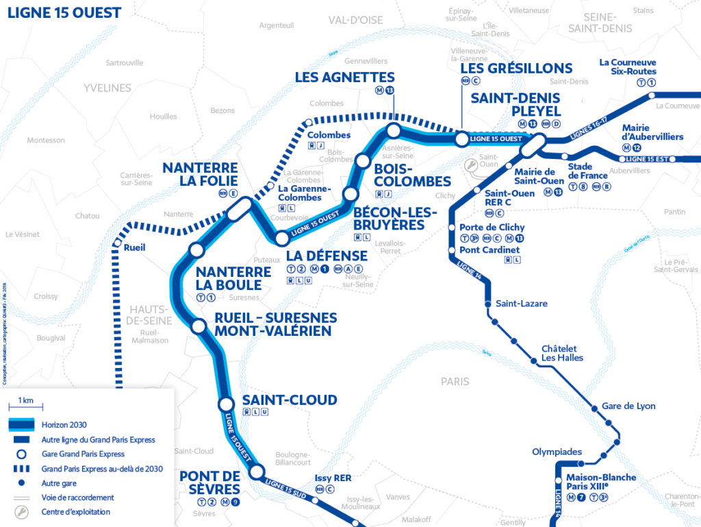 carte de la ligne 15 Ouest GPE mise à jour suite aux arbitrages gouvernementaux de fevrier 2018