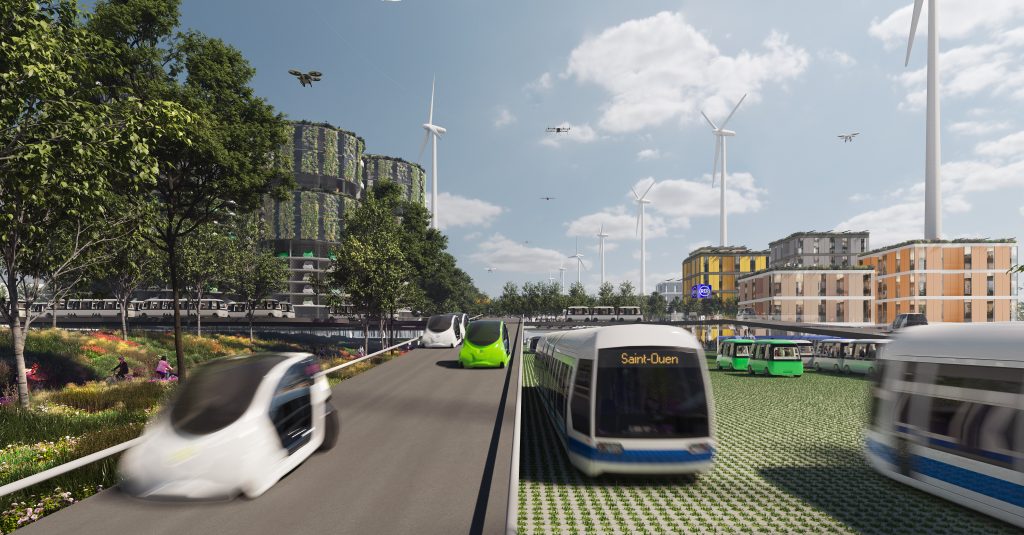  2050 L’A1 de Roissy Charles-de-Gaulle à la Seine-Saint-Denis
En 2050, l’autoroute est une plateforme flexible qui abrite un grand nombre d’usages, de flux et de configurations différentes. Sur ce secteur, en dehors de l’A86, 25% de l’emprise de la voirie est appropriée pour d’autres usages, y compris la création d’une autoroute cyclable. La nouvelle plateforme viaire abrite des nouveaux transports en commun empruntant la voirie, notamment une mobilité à la demande mutualisée. Des trams-trains autonomes modulaires sans rails ou catenaires desservent le tissu capillaire diffus de la Grande Couronne. Des nouveaux hubs multimodaux regroupent au droit des parcours habituels un grand nombre de fonctions répondant aux besoins du quotidien. Ces « Vie-Aires » facilitent les transferts modaux. L’autoroute plantée de dizaines de milliers d’arbres constitue une nouvelle charpente verte, un Parkway métropolitain.  Cet axe de biodiversité intègre également la production d’énergie, le recyclage de l’eau, des réseaux ressources et data résilients. L’autoroute constitue une nouvelle armature métropolitaine qui anticipe un avenir plus durable.