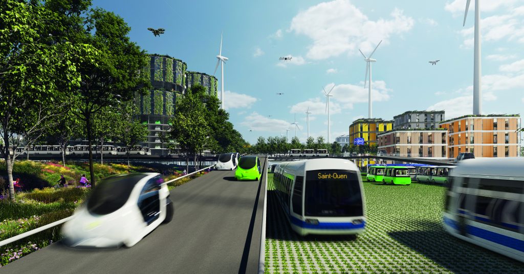 L’A1 de Roissy 
à la Seine-Saint-Denis 
en 2050, vue par SUN. L’autoroute est devenue une plateforme flexible qui abrite un grand nombre d’usages, de flux et de configurations différentes.