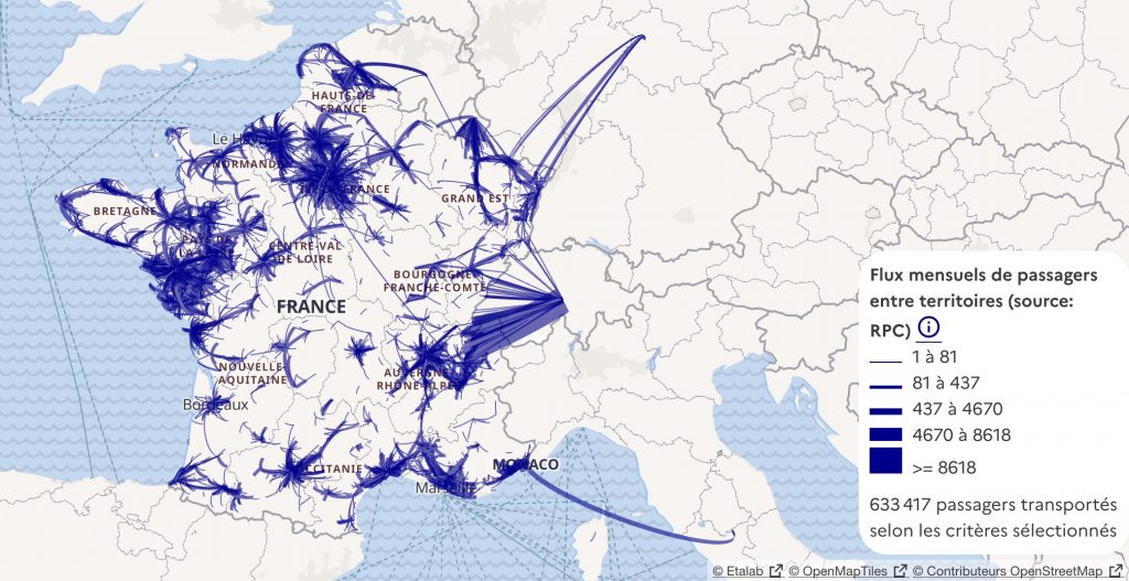 carte des flux de trajets covoitures au quotidien 1er semestre 2023