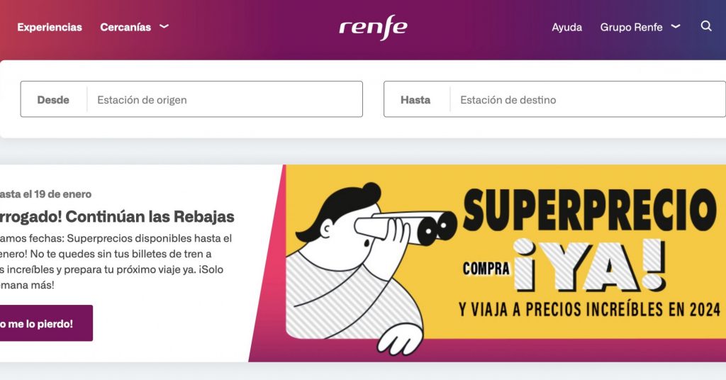 Site de vente des billets de la compagnie ferroviaire nationale espagnole Renfe.