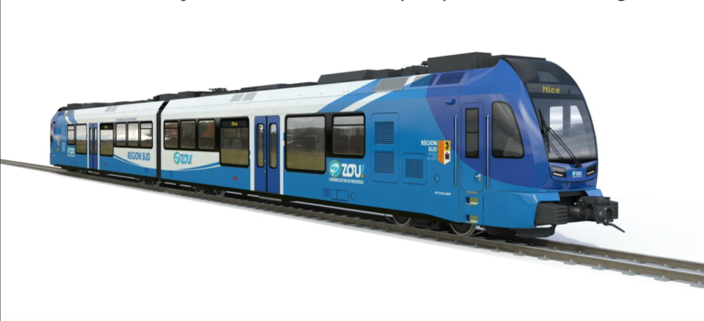 Exemple de livrée pour les rames hybrides Stadler à voie étroite pour les Chemin de fer de Provence ©Stadler